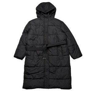 Black Puffer‎ Coat Midi Length Hooded Belted Quilted Womens Outerwear